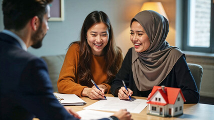 Multiethnic lesbian couple signing contract with their real estate agent, young Asian woman and Muslim woman buying new house, purchasing their new dream home to live together
