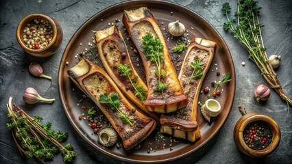 Roasted marrow bones seasoned with herbs and spices on a rustic plate