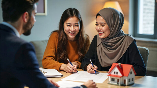 Multiethnic lesbian couple signing contract with their real estate agent, young Asian woman and Muslim woman buying new house, purchasing their new dream home to live together - Powered by Adobe