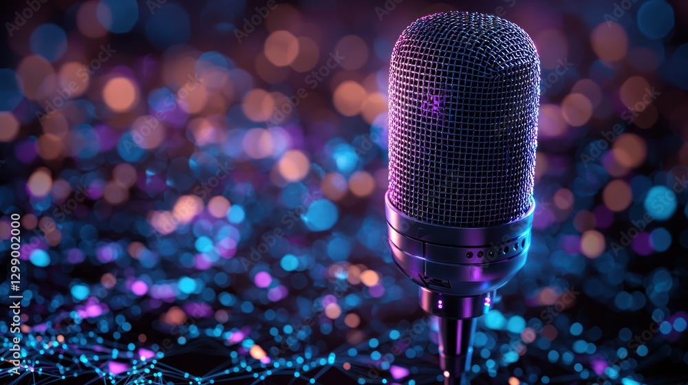 Poster studio microphone with dynamic bokeh lights for podcast or recording