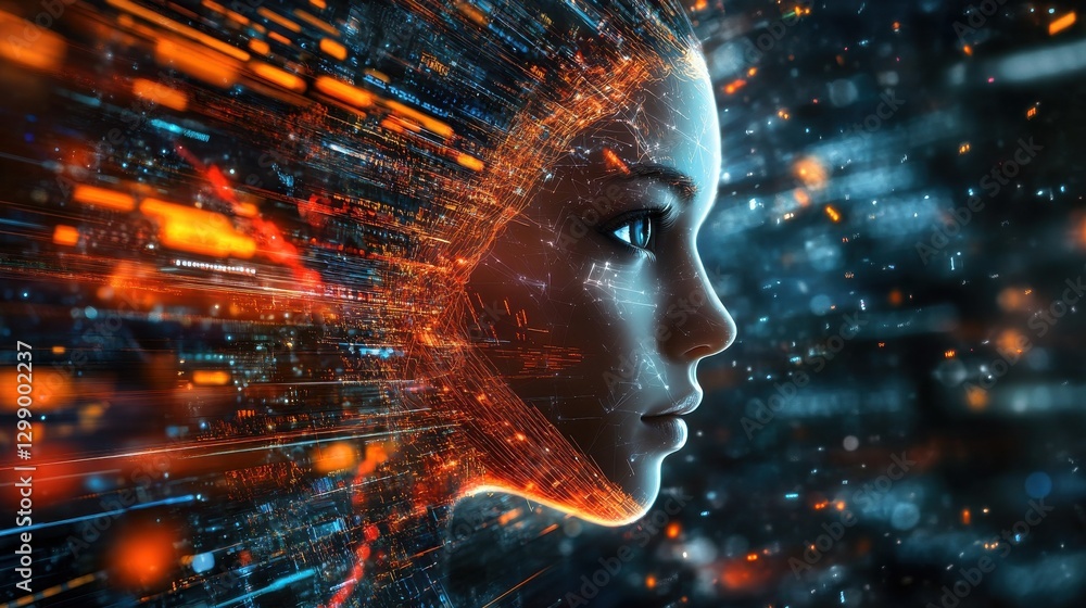 Aufkleber striking profile view of a female face surrounded by a dynamic swirl of futuristic digital data and 