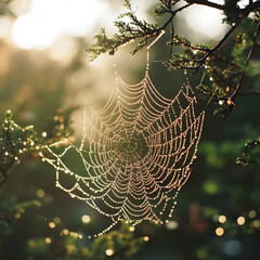 "A Dew-Covered Spider Web in the Morning Light, Symbolizing Purity and Renewal, Delicate and Beautiful"