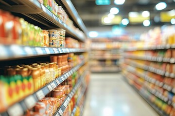 Fototapeta premium Blurred background of an indoor supermarket with shelves full of products, blurred background for design and text layout. Stock photo, suitable for placing a title at the top. 