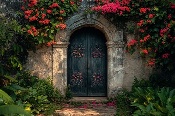 Fototapeta premium On a calm, beautiful Saturday morning, a worn, old stone entrance is surrounded by vibrant flowers and lush vegetation, signifying hope, rebirth, and resurrection. Generative Ai