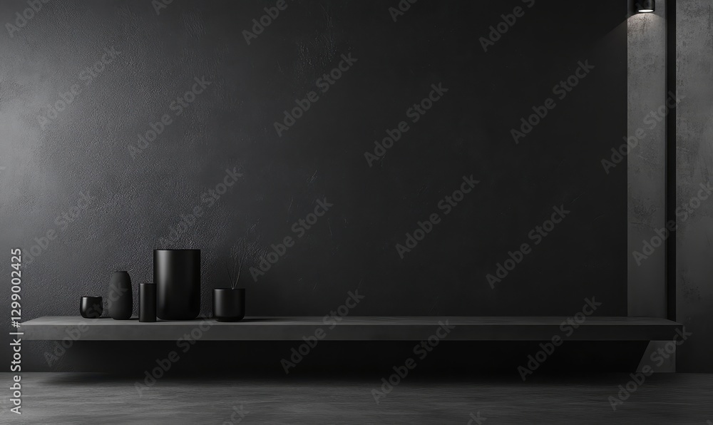 Poster minimalist black shelf display with vases and containers against dark background for modern interior