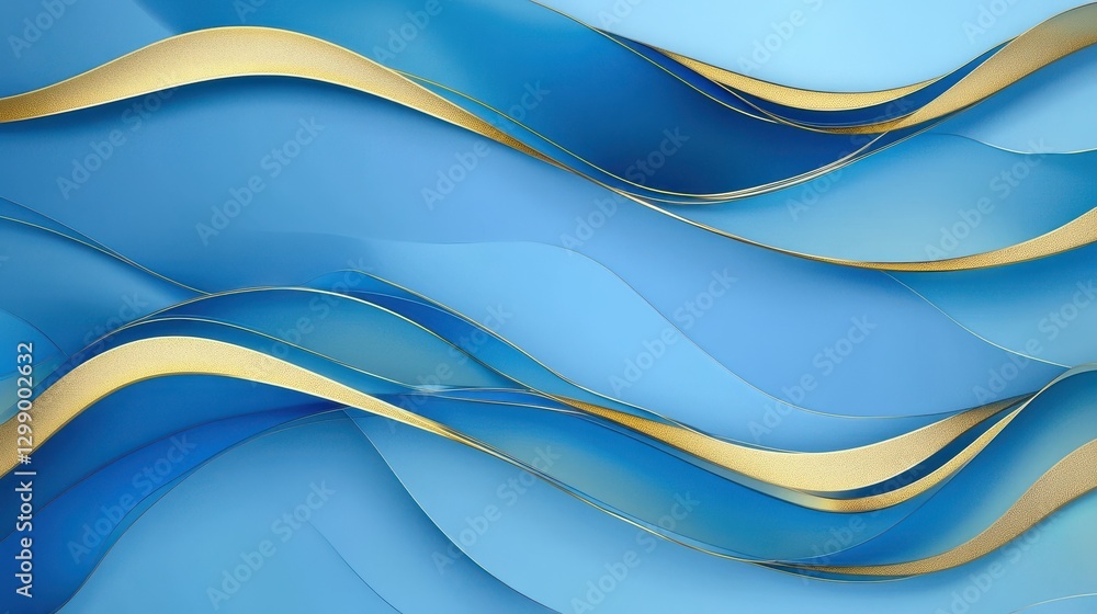 Poster soft color background with blue waves and soft gild lines on a blue background. blue wave gradient c
