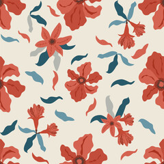 Floral seamless pattern in art craft style with bright colors on a soft background