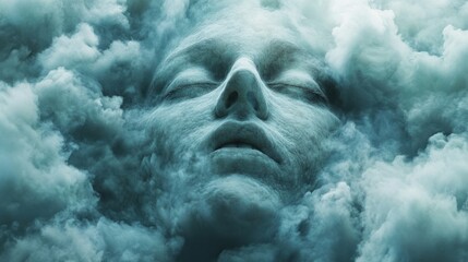 Sleeping face in a cloud filled sky