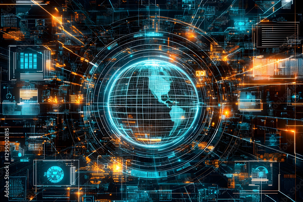 Poster wireframe globe surrounded by digital screens emphasizing connectivity and global communication
