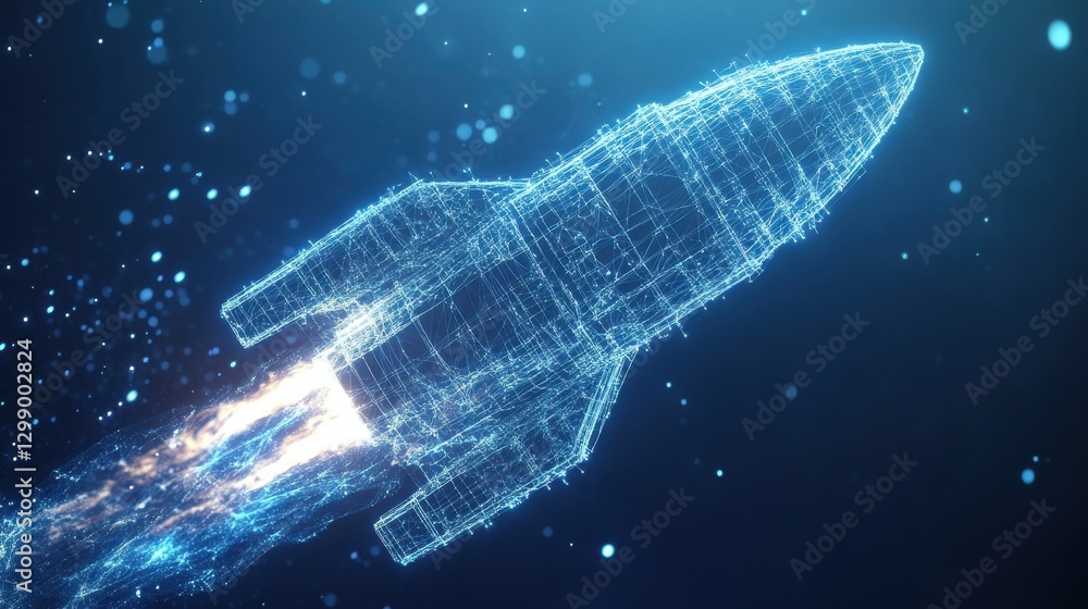 Poster an abstract rocket launch. a digital spaceship is flying into outer space. a business development co