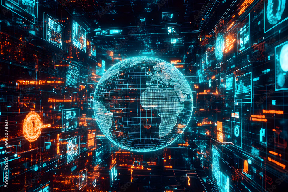Poster wireframe globe surrounded by digital screens emphasizing connectivity and global communication