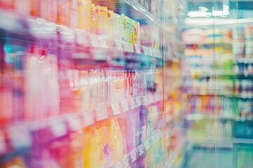Blurred background of an indoor supermarket with shelves full of products, blurred background for design and text layout. Stock photo, suitable for placing a title at the top.