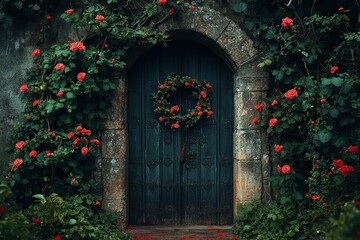 On a calm, beautiful Saturday morning, a worn, old stone entrance is surrounded by vibrant flowers and lush vegetation, signifying hope, rebirth, and resurrection. Generative Ai