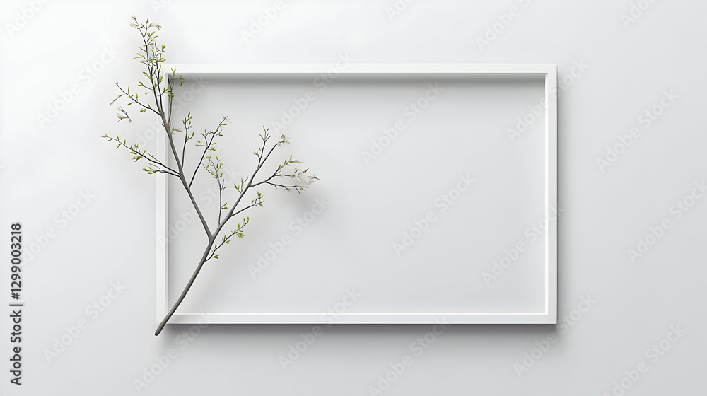 Poster white rectangular frame with pixelated green branch on a white surface