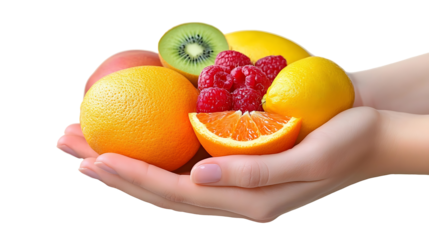 Hands holding various fruits isolated on transparent background. high resolution PNG file