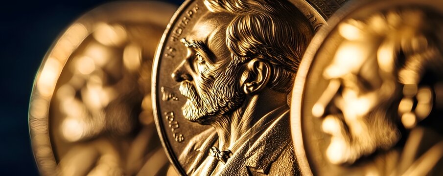 Close up of three shiny nobel prize gold medals