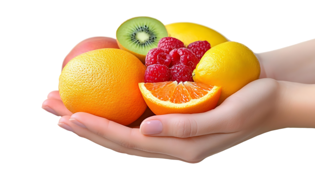 Hands holding various fruits isolated on transparent background. high resolution PNG file - Powered by Adobe