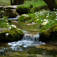 "A Clear Stream with Moss-Covered Stones and Spring Flowers Around It, Tranquil and Natural"