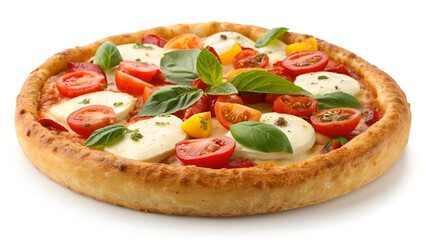 A golden-brown pizza crust arranged with fresh ingredients, isolated on a white background for a clean and appetizing presentation.