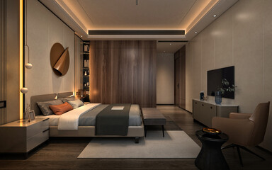 3d render of modern hotel room bedroom