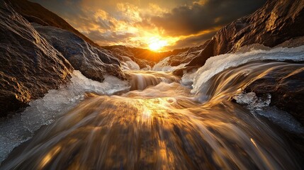 Glimmering Sunrise Over Ice-Covered Waterfall in Golden Hues