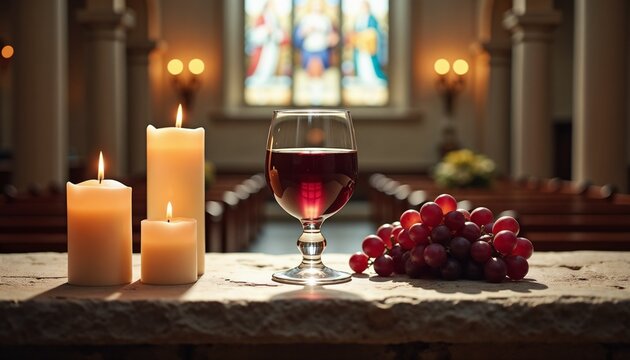 Chalice of wine on stone altar with grapes and lit candles, serene church setting for Maundy Thursday - Powered by Adobe