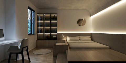 3d render of modern hotel room bedroom