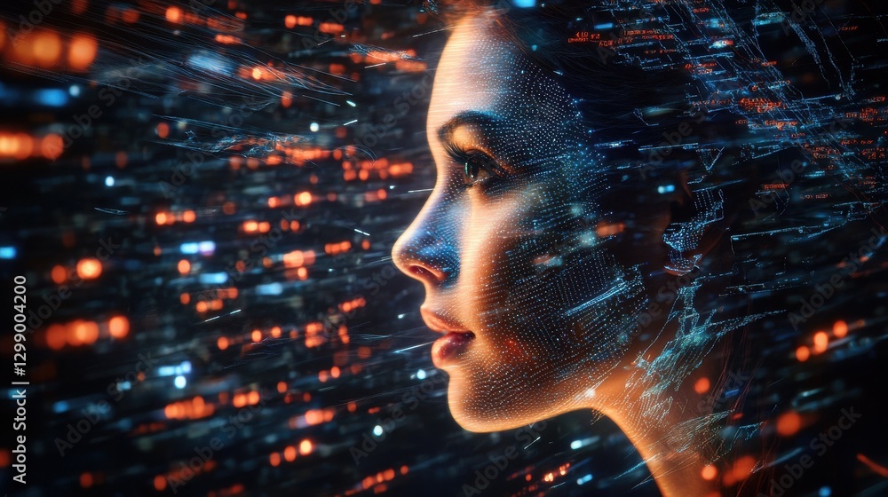 Poster striking profile view of a female face surrounded by a dynamic swirl of futuristic digital data and 