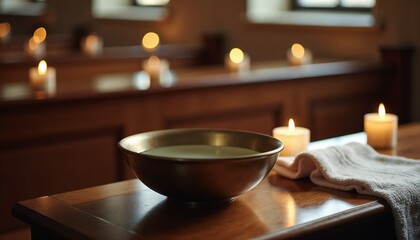 Serene church setting with basin of water near wooden bench, folded towel, and lit candles creating peaceful ambiance for Maundy Thursday