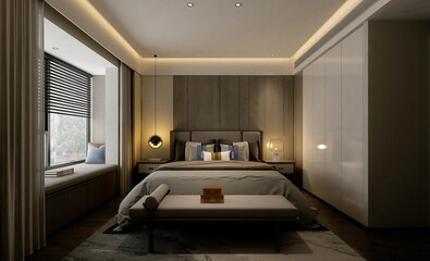 3d render of modern hotel room bedroom