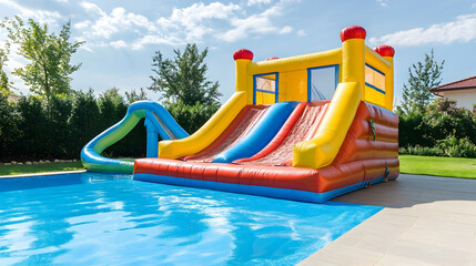 Large Inflatable Water Slide With Pool Set Outdoors Under Sunny Sky