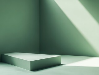 Fototapeta premium Minimalist green interior with angular shadows, modern pedestal in a calm space ideal for product display or artistic presentations, clean lines and serene atmosphere
