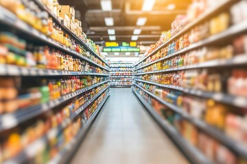 Blurred background of an indoor supermarket with shelves full of products, light and shadow effects, neutral tones, wide-angle lens, bright lighting, product display area in the foreground, 