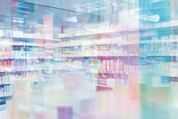 Blurred background of an indoor supermarket with shelves full of products, light and shadow effects, neutral tones, wide-angle lens, bright lighting, product display area in the foreground, 