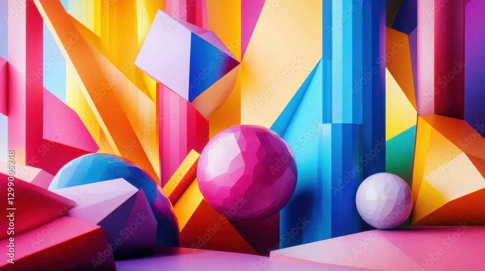 Poster the image features an array of vibrant geometric shapes with a 3d effect, showcasing a modern and ab