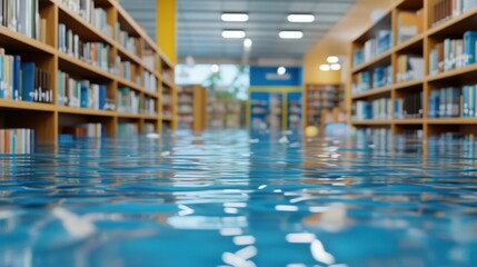 Obraz premium Flooded library, water covers the floor, bookshelves blurred in background, suggesting disaster.