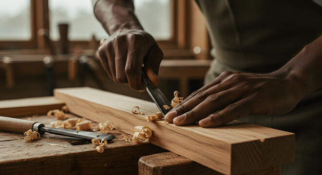 A detailed close-up of a craftsmans hands, skillfully carving a piece of wood, with tools and shavings creating a dynamic and artistic environment.