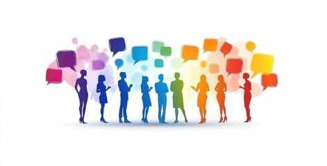 Abstract colorful silhouettes and speech bubbles expressing communication and interaction