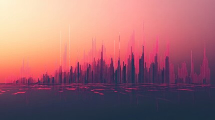 Naklejka premium Abstract skyline at sunset with vibrant colors and unique shapes creating a modern feel.