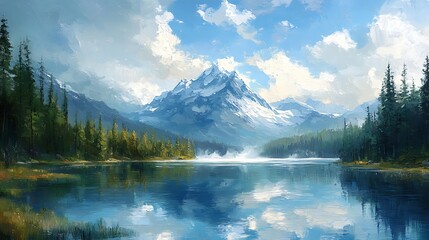 a mountain lake with trees and a mountain in the background