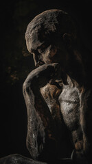 Photo of an expressive bronze sculpture of a contemplative male figure, seated with his head resting on his hand, Generative AI