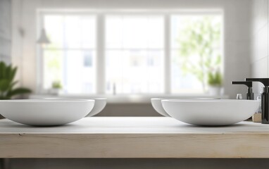 Blurred bathroom interior with an empty white tabletop for product display montage, blurred background of a modern bathroom interior with a double sink and mirror. 