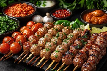 Fresh ingredients, meat skewers, and a variety of meatball skewers on display Meatballs, sausage, and skewers Shabu's Thai street food, grilled. Generative Ai