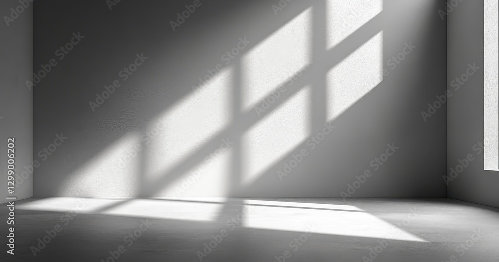 Poster minimalist interior space featuring light and shadow patterns created by windows, ideal for modern d