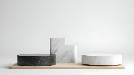 Geometric Marble Podium Displaying Products on Wooden Base in a White Studio