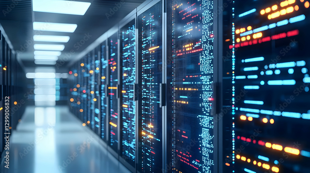Poster blue lit servers in a data center network with illuminated racks and modern technology