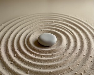 A smooth white stone sits at the center of concentric sand ripples, evoking a sense of calm and tranquility.