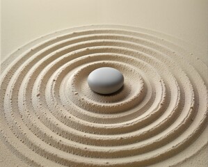 Naklejka premium A serene arrangement featuring a single white egg atop circular sand patterns, symbolizing tranquility and balance.