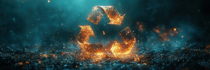 Obraz premium Recycling symbol glowing with fiery particles floating in the air