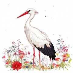 Fototapeta premium White Stork in a Wildflower Meadow Watercolor Illustration